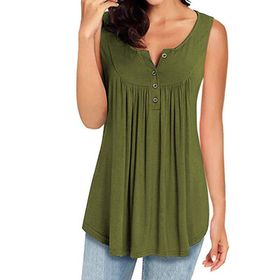 

Summer Women Casual Solid Color Buttons Pleated Loose Sleeveless Tank Top Vest