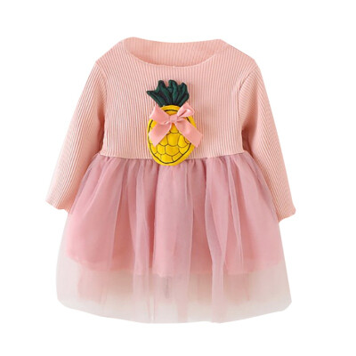 

Autumn Casual Baby Girls Pineapple Pattern Long Sleeve Patchwork Mesh Dress Kids Princess Dress