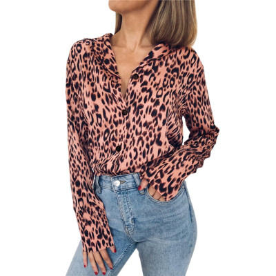 

Fashion Leopard Print Women Blouse Spring Autumn Long Sleeve Ladies Shirts Casual Button V Neck Blouses