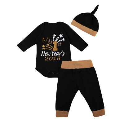 

2018 Baby Boys Girls Clothes Sets Long Sleeve First New Year Letter Print Romper Bodysuit Long Pants&Hat 3Pcs