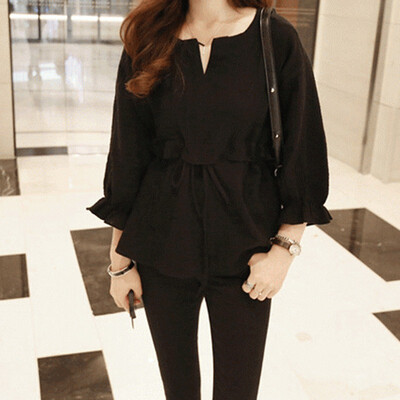 

Spring Three Quarter Butterfly Sleeve Tie Shirt Women Casual Cotton Solid Color Shirt White