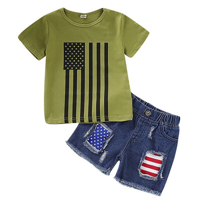 

2PcsSet Summer Baby Boys Casual Short Sleeve Star Striped Print T-shirt TopsDenim Shorts Costume Set