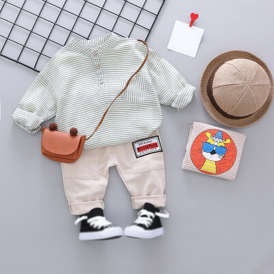 

2PcsSet Autumn Baby Boy Adorable Striped Print Long Sleeve Shirt Trousers Casual Outfits