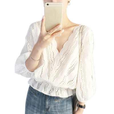 

EFINNY Elegant Lace Blouse Shirt Women Lantern Sleeve White Blouse Spring Summer Hollow Out Tops Blouse Blusas