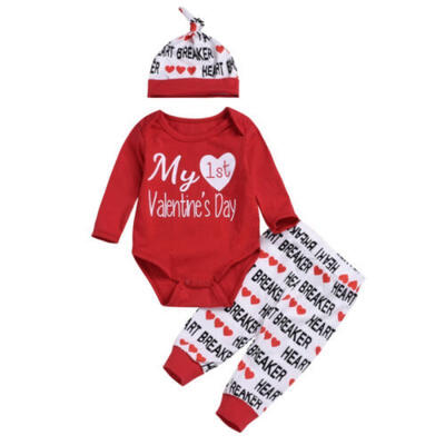 

3PCS Newborn Infant Baby Boys RomperPantsHat 1st Valentines Day Outfits Sets