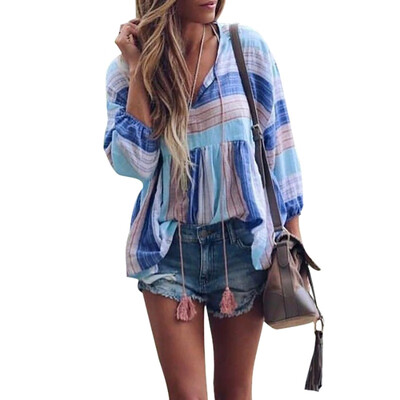 

Stripe Printed V-Neck Casual Blouse Long Flare Sleeve Pullover Shirts Office Ladies Tops Plus Size Women Tops