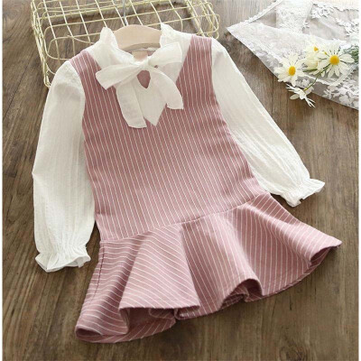 

Girls Dress Autumn Kids Girls Casual Fake 2 Piece Long Sleeve Striped Print Bowknot Design Dress Baby Children Costume