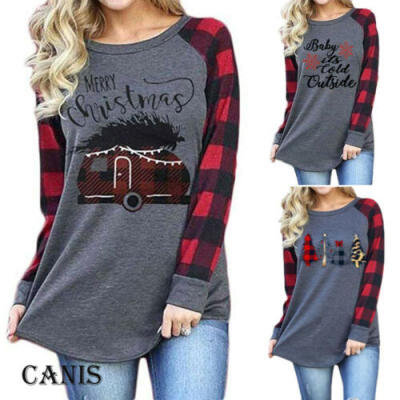 

Women Merry Christmas Tree Car Plaid Tee Raglan Top Casual Long Sleeve T-Shirt