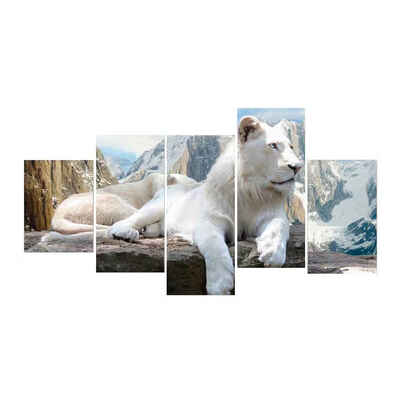 

5 Panels White lion Lying on the Side of A Snow Mountain Pattern Unframed Canvas Printed Oil Paintings for Bedroom