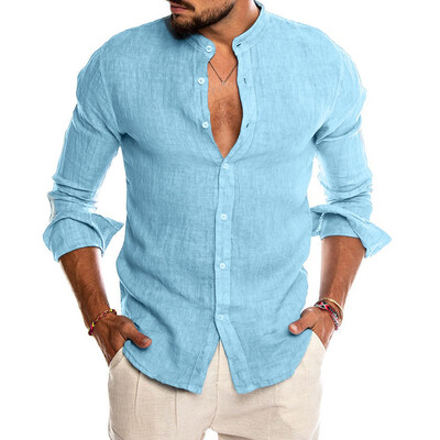 

Toponeto Fashion Mens Casual O-Neck Button Solid Beach Long Sleeve Top Blouse
