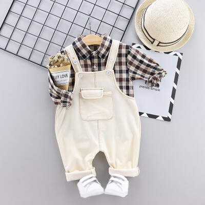 

Toddler Newborn Boy Girl Autumn Outfits Long Sleeve Plaid Print TopStrap Trousers Casual Sets