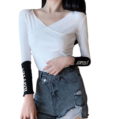 

Women Sweater V-neck Long-sleeve Patchwork Letter Fashion Autumn Knitted Female Jumper Pullover Basic Elasticity Clothing