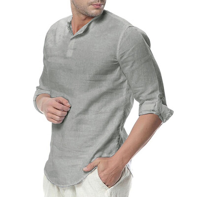 

Tailored Mens Linen Button Three Quarter Sleeve Solid Color Loose Casual T Shirt Blouse