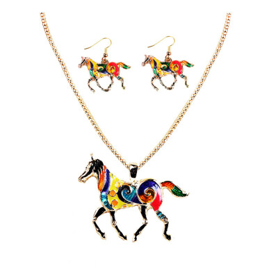 

Fashion Women Rainbow Horse Pony Pendant Necklace Earrings Jewelry Set Gift