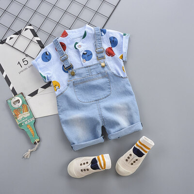

2PcsSet Summer Baby Boys Girls Casual Short Sleeve Dot Print T-shirt TopsStrap Denim Shorts Costume Set