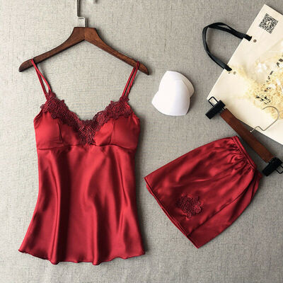 

2Pcs Women Satin Silk Sleepwear Lace V Neck Tops Shorts Pants Pyjamas Set