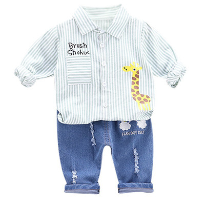 

Children clothes 2pcs Autumn Baby Boys clothes Casual Long Sleeve Striped Cartoon Print Shirt TopsCartoon Denim Pants Trouser