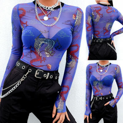 

Womens Sheer Mesh Crop Top Ladies Girls Long Sleeve Crew Neck Stretchy T Shirt