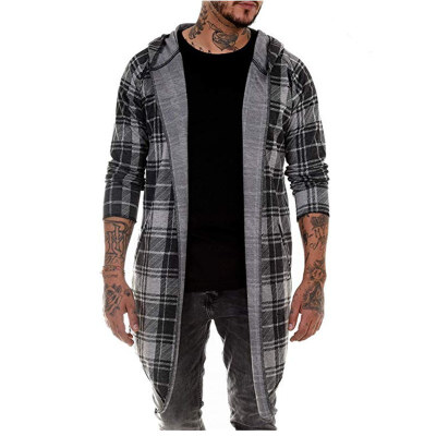 

Autumn And Winter Popular Plaid Print Hooded Coat Casual Men Lapel Long Coat Light Gray  Clothing