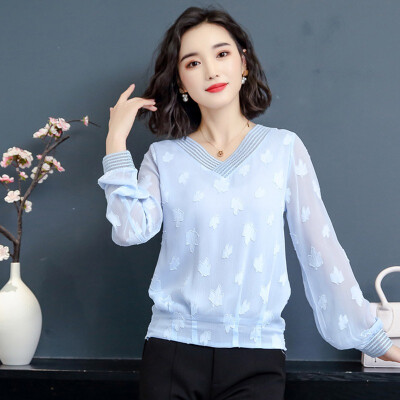 

Korean new fashion Slim long-sleeved female chiffon women blouse casual loose tops solid women shirt V Neck