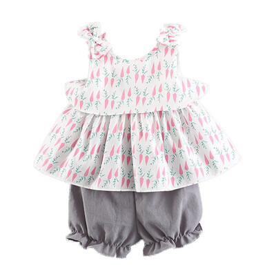 

2PCS 1-4T Summer New Fashion Baby Pure Color Print Short Sleeve Top Shorts Set Children Clothing Set Girls Suits