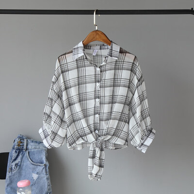 

6 New Women Blouse Plaid Printe Knotted Short Shirt Fashion Casual Lapel Long Sleeve Sunscreen Shirt Tops