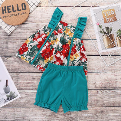 

2019 New Summer Children Baby Girls Casual Floral Pattern Strap Sleeveless Tops VestShorts Suits Costume Set