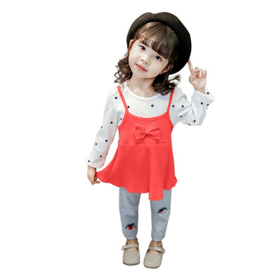 

Autumn Cute Set Baby Girls Casual Fake 2 Piece Long Sleeve Polka Dot Pattern T-shirt TopsPants Suits Costume Set
