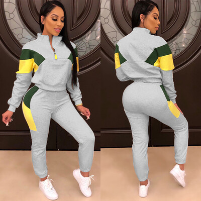 

Toponeto Women Sexy Long Sleeve Zipper Patchwork Blouse TopsLong Pants Suit Sets