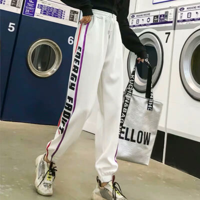 

Women Casual Loose High-Elastic Sports Side Print Harajuku Feet Nine Points Pants
