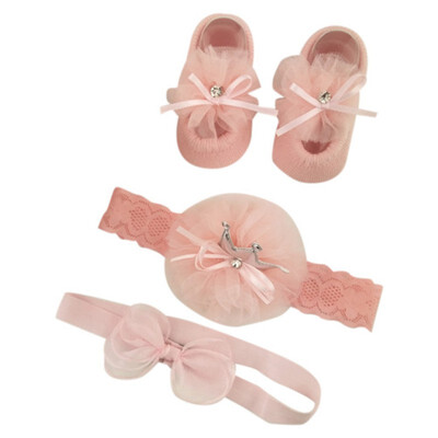 

Newborn Baby Cartoon Bowknot Flower Design Cotton Socks With Hairband Photography Props Set