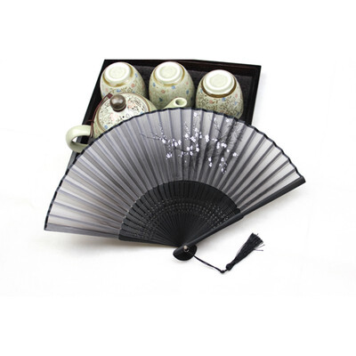

Black Chinese Japanese Folding Hand Held Fan Silk&Bamboo Flower Pocket Fan Party Supplies