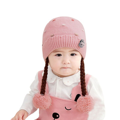 

Winter Warm Toddler Baby Girl Earflap Hat Kids Knit Beanie Cute Embroidery Caps With Fake Braid New