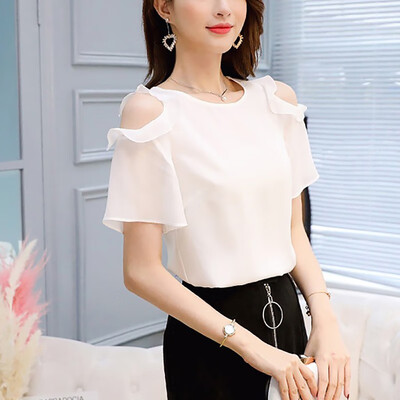 

Women O Neck Solid Ruffled Short Sleeve Cold Shoulder Chiffon Blouse Summer Office Lady Tops