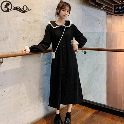 

Autumn New Dress Women Black Ruffles Loose Dresses Korean Style Fashion Sweet Long-sleeved Elegant Ladies Dress