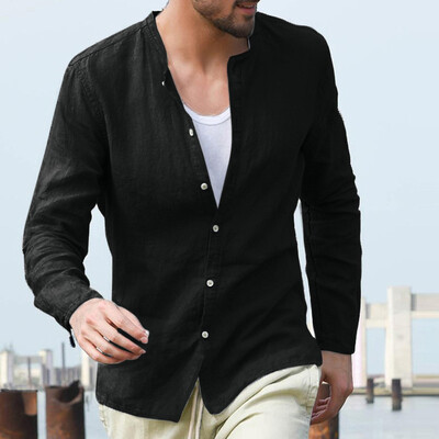 

Toponeto Mens Baggy Cotton Linen Solid Button Long Sleeve Retro T Shirts Tops Blouse