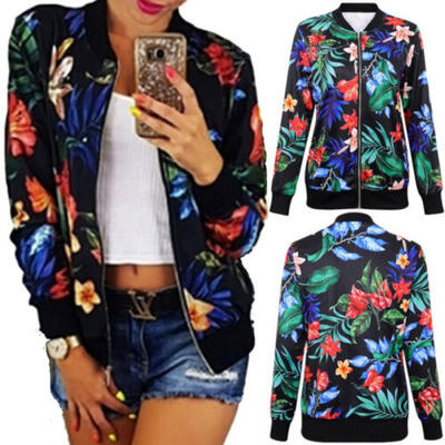 

Womens Floral Print Baseball Uniform Zipper Short Coats Outwear Tops Jackets