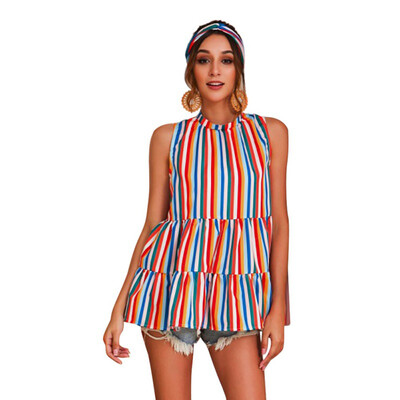 

2019 New women Tops Color Stripe T-shirts summer Vest O-Neck T-Shirt Sleeveless Ladies Casual t-shirt Women Streetwear