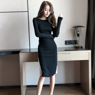 

Women Elegant Sexy Dress Long Sleeve Slim Fit Split Solid Color Bodycon Vintage Night Club Party Pencil Dresses Vestidos