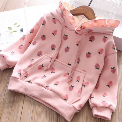 

1-7T Children Clothes Autumn Plus Velvet Baby Girls Strawberry Print Sweater Long Sleeves Casual Hat Collar Sweet Tops
