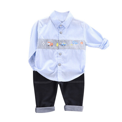 

Children Baby Boys Casual Long Sleeve Striped Car Print Blouse TopsDenim Pants Trouser Kids Autumn Costume Set