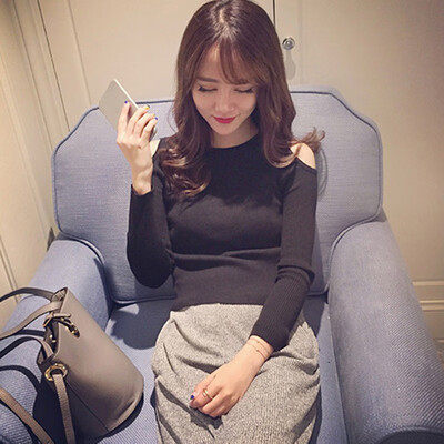 

O-Neck Sexy Off Shoulder Sweaters Pullovers Korean Fashion Solid Femme Casual Long Sleeve Pullover Tops Woman Clothes