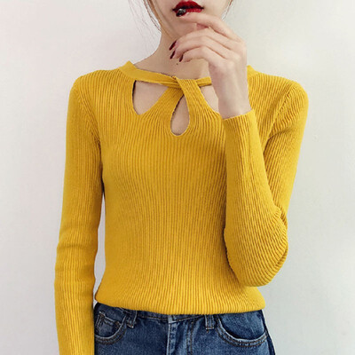 

Slim Hollow Solid Color Sweater Women Korean Style Round Neck Sweet Sweaters Female Fashion Casual Knit Pullover