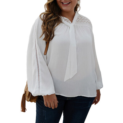 

Plus Size Blouse Women Autumn Winter Vintage Casual Solid Color Long Sleeves Hollow Decoration V-neck Loose Blouse Shirt