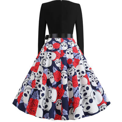 

Halloween Print Long Sleeve Crew Neck Dress vestidos de verano High Waist Floral Skull Printed Skirt Vintage Dress