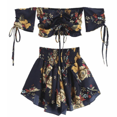 

Summer Off Shoulder Cinched Floral Women Set Slash Neck Short Sleeves Crop Top High Waist Shorts Set