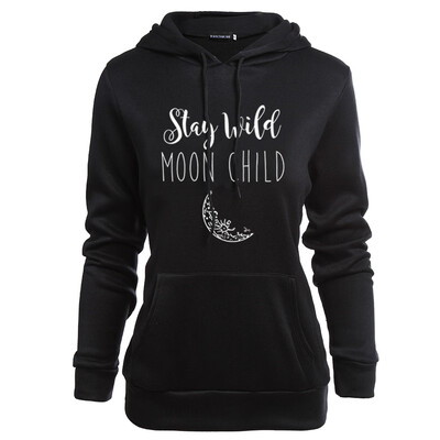 

Women Long Sleeve Letter Printed Stay Wild Moon Child Hooded Sweatshirt Casual Black Gothic Hoodie Pocket Pullover Tops