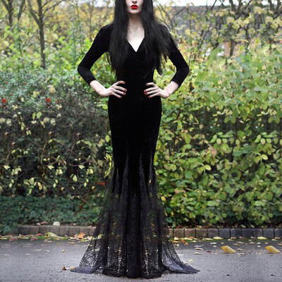 

Tailored Womens Fashion Sexy Slim Gothic Style V-neck Long Sleeve Patchwork Lace Dress