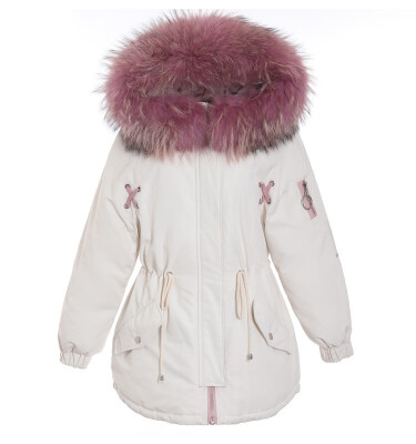 

Winter 2018 new Korean version of urban leisure pure color hat long-sleeved drawstring real fur collar down jacket women long styl