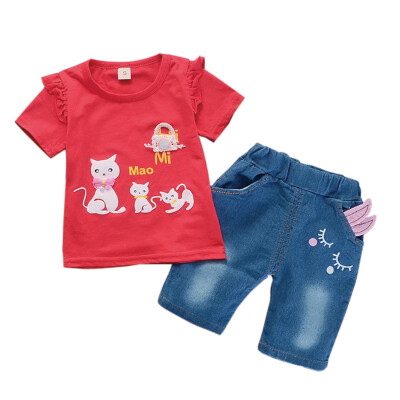 

Summer Baby Girls Short Sleeve Animal Cat Print T-shirt TopsDenim Shorts Suits Casual Outfits Sets